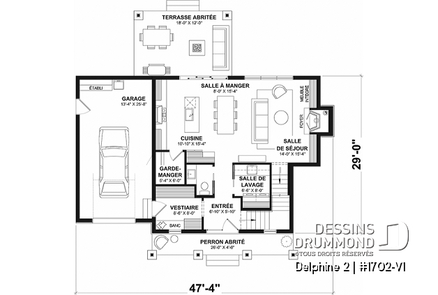 Rez-de-chaussée - Plan de maison Canadienne avec garage, 3 chambres, 2.5 s. bain, chambre des parents avec salle de bain privée - Delphine 2