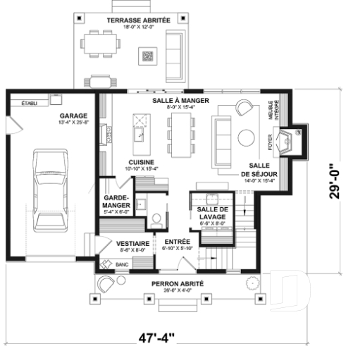 Rez-de-chaussée - Plan de maison Canadienne avec garage, 3 chambres, 2.5 s. bain, chambre des parents avec salle de bain privée - Delphine 2