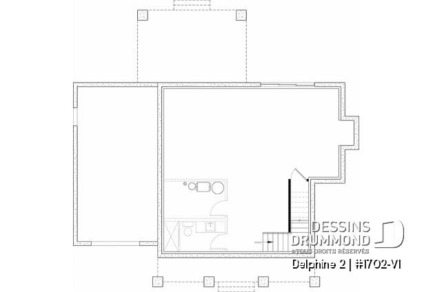 Sous-sol aménageable du plan de maison unifamiliale 1702-V1 Sous-sol aménageable - Plan de maison Canadienne avec garage, 3 chambres, 2.5 s. bain, chambre des parents avec salle de bain privée - Delphine 2