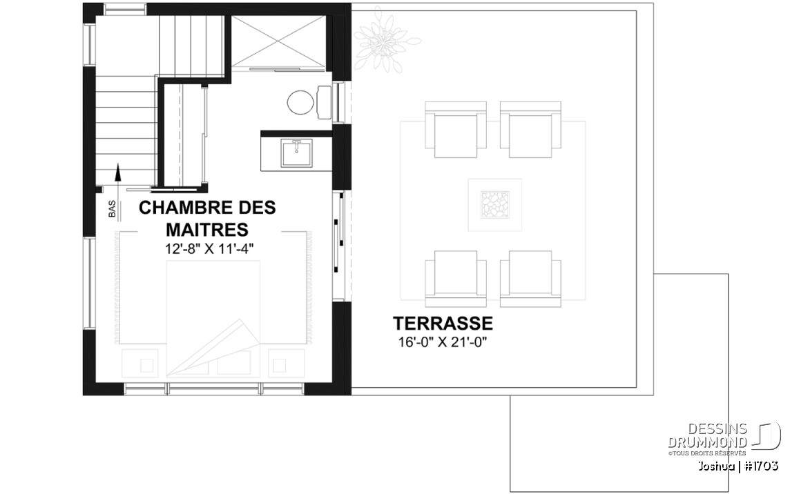 Étage - Plan de maison moderne compacte avec aire ouverte, suite à l’étage et grande terrasse - Joshua