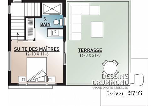 Étage - Plan mini maison moderne 2 chambres, grande terrasse à l'étage, construction abordable, buanderie au premier - Joshua