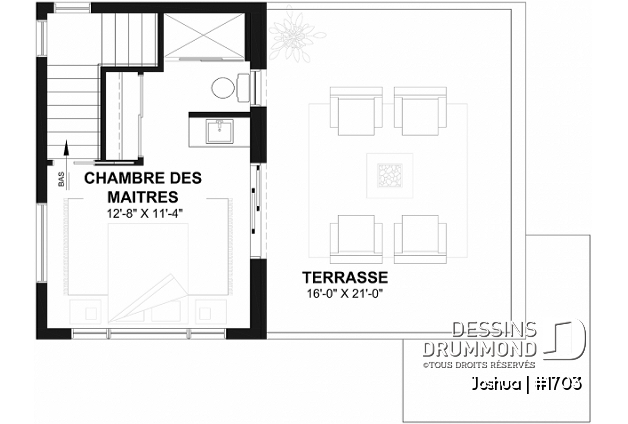 Étage - Plan de maison moderne compacte avec aire ouverte, suite à l’étage et grande terrasse - Joshua