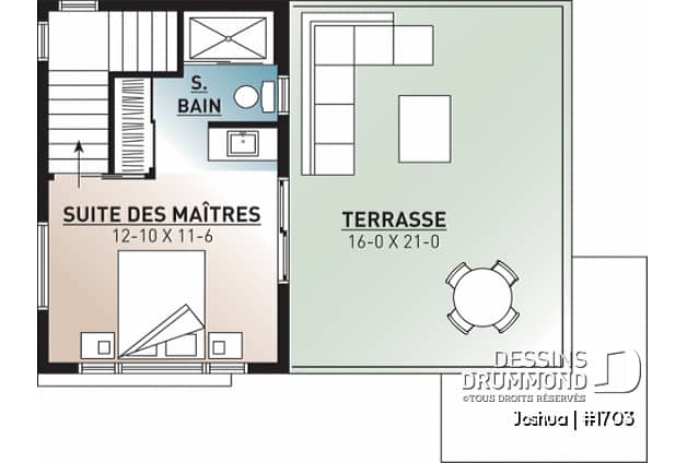 Étage - Plan mini maison moderne 2 chambres, grande terrasse à l'étage, construction abordable, buanderie au premier - Joshua