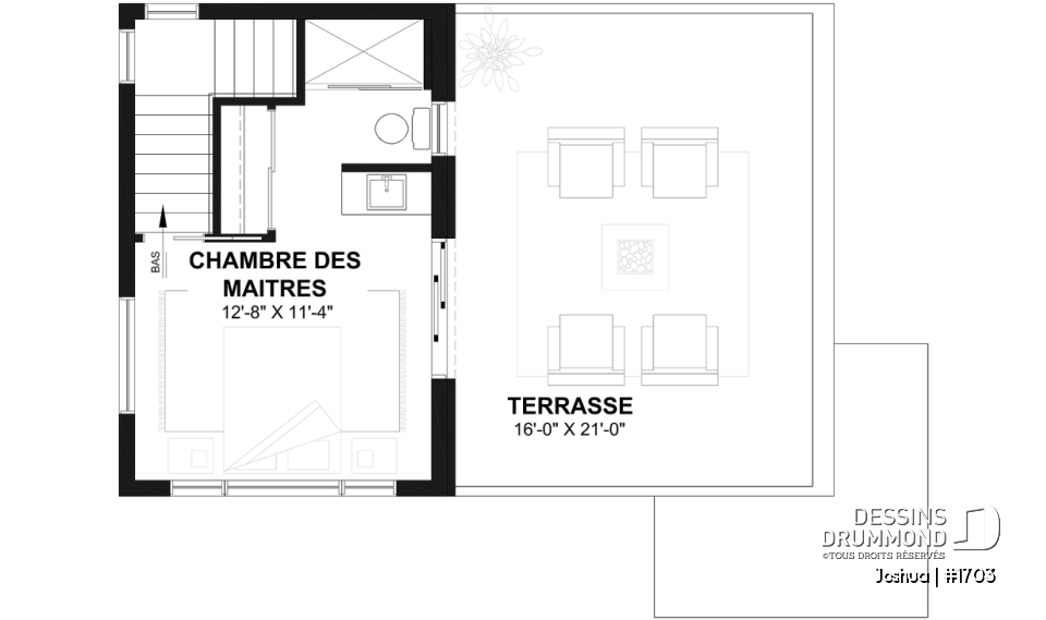 Étage - Plan de maison moderne compacte avec aire ouverte, suite à l’étage et grande terrasse - Joshua