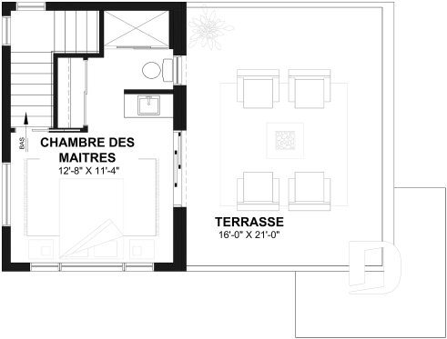 Étage - Plan de maison moderne compacte avec aire ouverte, suite à l’étage et grande terrasse - Joshua