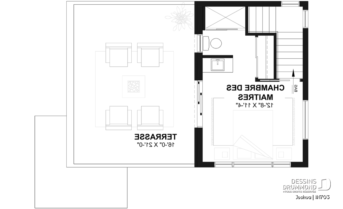 Étage - Plan de maison moderne compacte avec aire ouverte, suite à l’étage et grande terrasse - Joshua