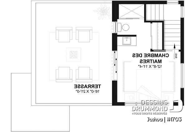 Étage du plan de maison unifamiliale 1703 Étage - Plan de maison moderne compacte avec aire ouverte, suite à l’étage et grande terrasse - Joshua