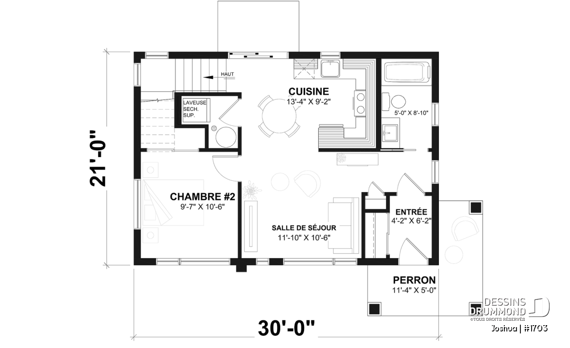 Rez-de-chaussée - Plan de maison moderne compacte avec aire ouverte, suite à l’étage et grande terrasse - Joshua