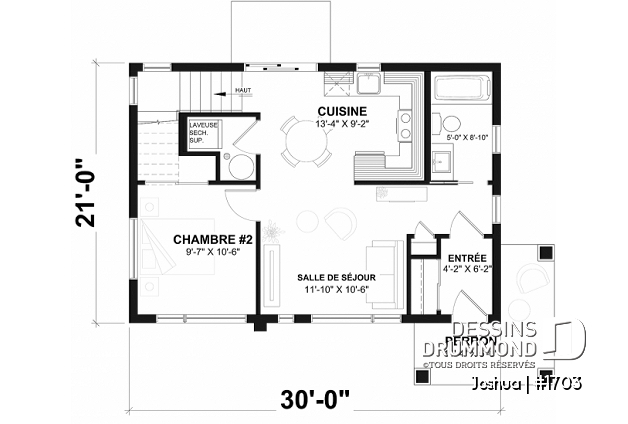 Rez-de-chaussée - Plan de maison moderne compacte avec aire ouverte, suite à l’étage et grande terrasse - Joshua