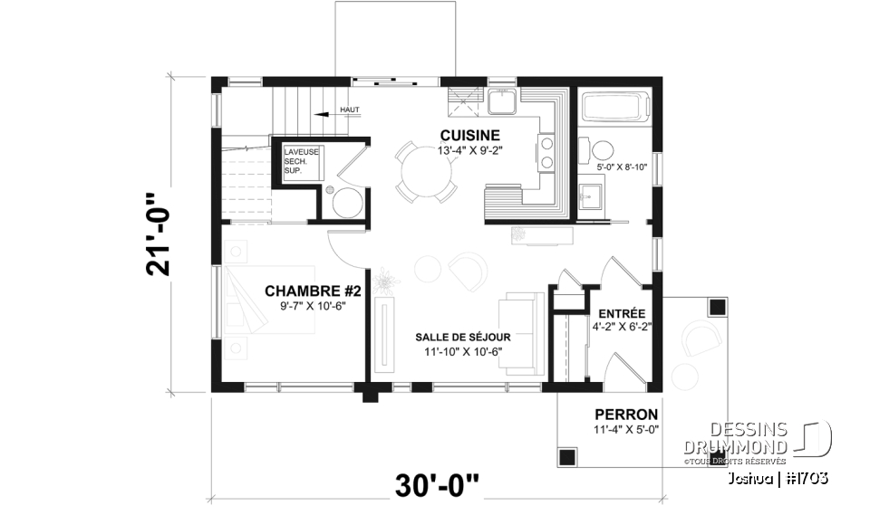 Rez-de-chaussée - Fondation dalle - Plan de maison moderne compacte avec aire ouverte, suite à l’étage et grande terrasse - Joshua