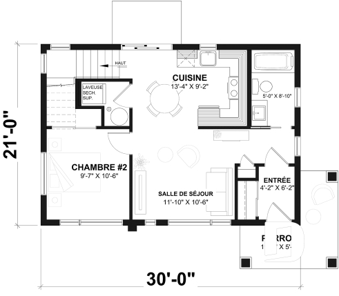 Rez-de-chaussée - Fondation dalle - Plan de maison moderne compacte avec aire ouverte, suite à l’étage et grande terrasse - Joshua