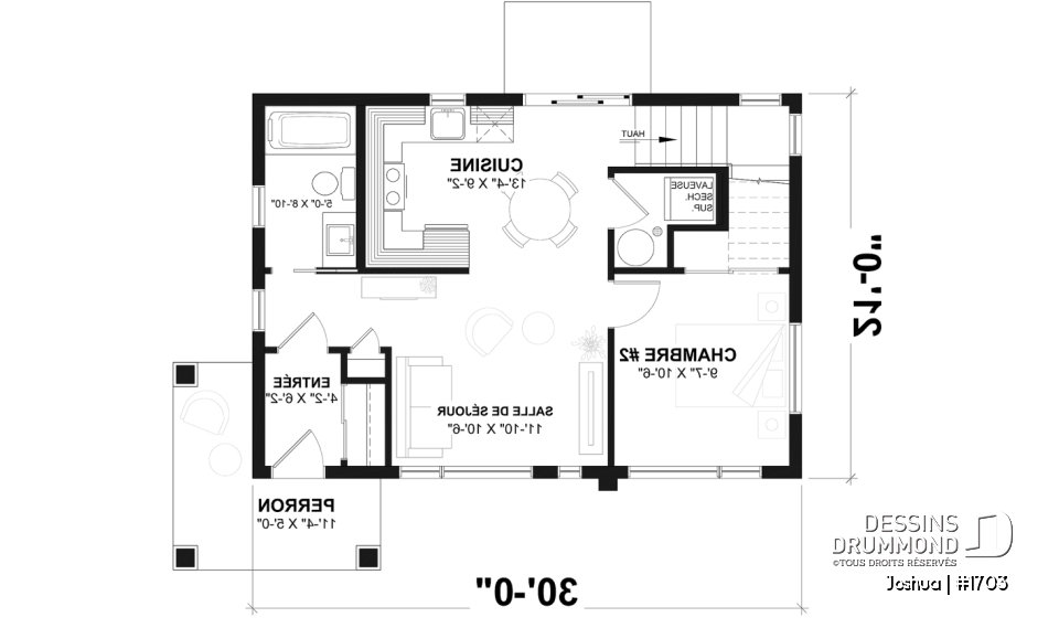 Rez-de-chaussée - Fondation dalle - Plan de maison moderne compacte avec aire ouverte, suite à l’étage et grande terrasse - Joshua