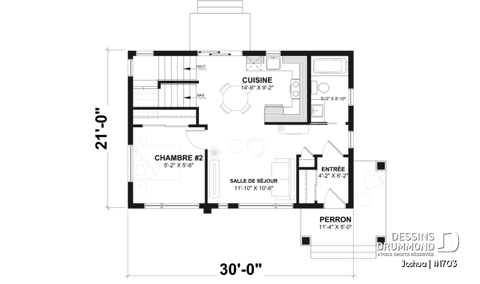 Rez-de-chaussée - Fondation sous-sol (Optionel $) - Plan de maison moderne compacte avec aire ouverte, suite à l’étage et grande terrasse - Joshua