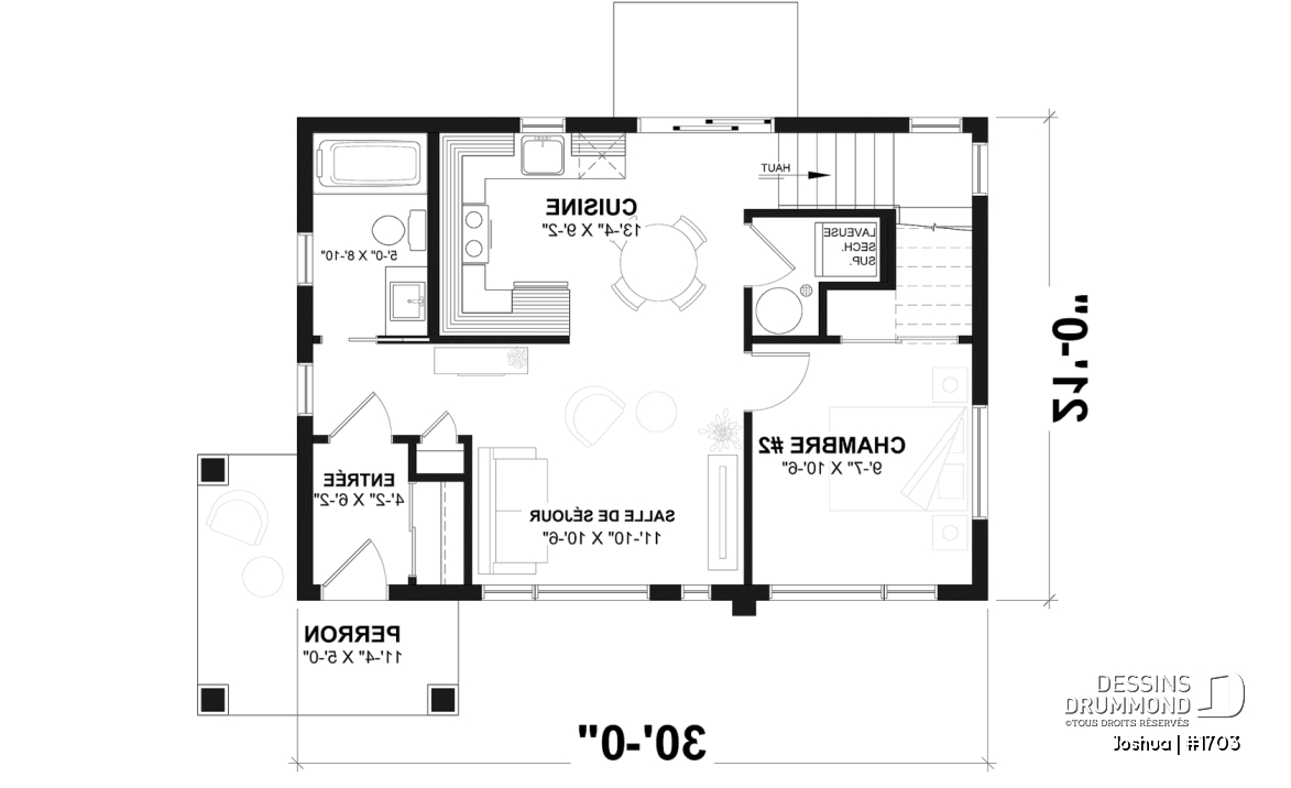 Rez-de-chaussée - Plan de maison moderne compacte avec aire ouverte, suite à l’étage et grande terrasse - Joshua