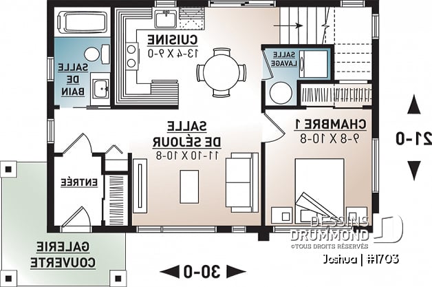 Rez-de-chaussée - Plan mini maison moderne 2 chambres, grande terrasse à l'étage, construction abordable, buanderie au premier - Joshua