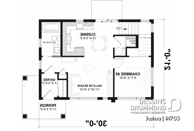 Rez-de-chaussée du plan de maison unifamiliale 1703 Rez-de-chaussée - Plan de maison moderne compacte avec aire ouverte, suite à l’étage et grande terrasse - Joshua