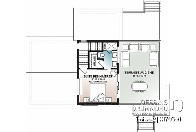 Étage - Plan de maison 2 chambres, moderne, vestiaire, garde manger, salle de lavage, 2 terrasses dont une à l'étage - Joshua 2