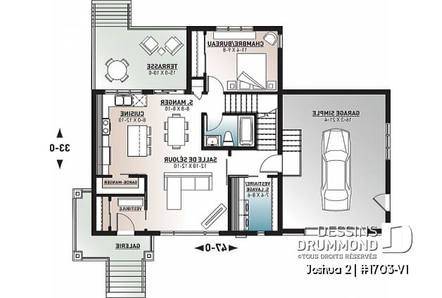 Rez-de-chaussée - Plan de maison 2 chambres, moderne, vestiaire, garde manger, salle de lavage, 2 terrasses dont une à l'étage - Joshua 2