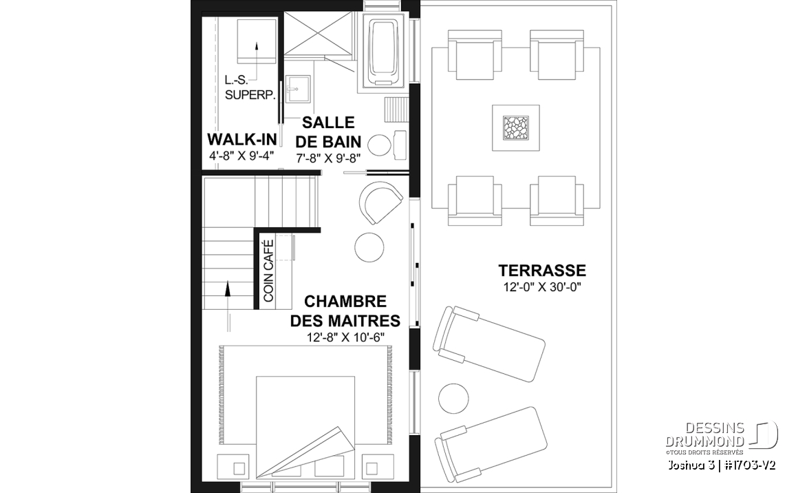 Étage - Plan de petite maison moderne 2 chambres + bureau, cuisine compacte avec îlot et garde-manger, grande terrasse - Joshua 3