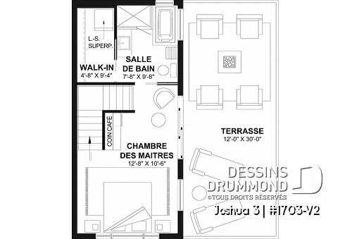 Étage - Plan de petite maison moderne 2 chambres + bureau, cuisine compacte avec îlot et garde-manger, grande terrace - Joshua 3