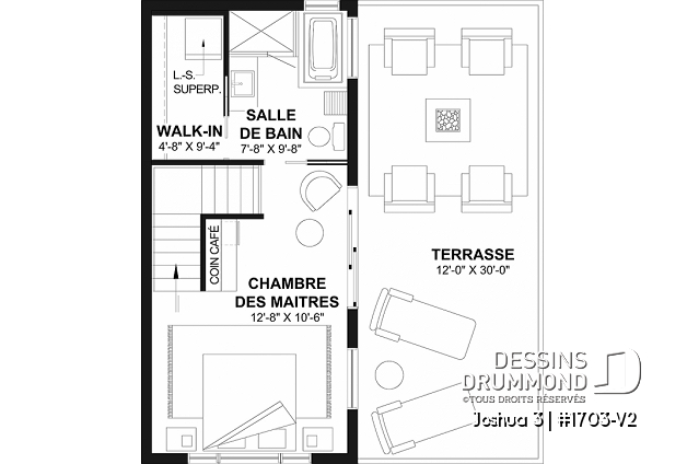 Étage - Plan de petite maison moderne 2 chambres + bureau, cuisine compacte avec îlot et garde-manger, grande terrace - Joshua 3