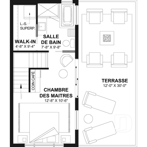 Étage - Plan de petite maison moderne 2 chambres + bureau, cuisine compacte avec îlot et garde-manger, grande terrace - Joshua 3