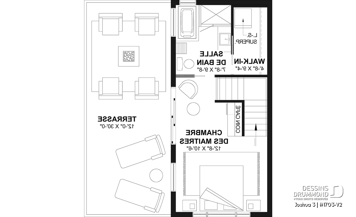 Étage - Plan de petite maison moderne 2 chambres + bureau, cuisine compacte avec îlot et garde-manger, grande terrasse - Joshua 3
