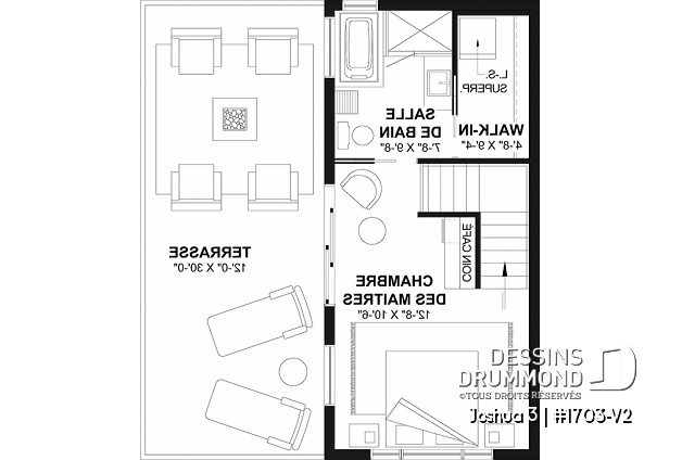 Étage - Plan de petite maison moderne 2 chambres + bureau, cuisine compacte avec îlot et garde-manger, grande terrace - Joshua 3