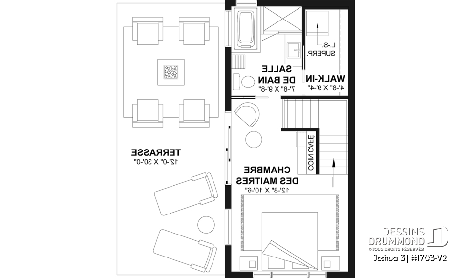 Étage - Plan de petite maison moderne 2 chambres + bureau, cuisine compacte avec îlot et garde-manger, grande terrace - Joshua 3