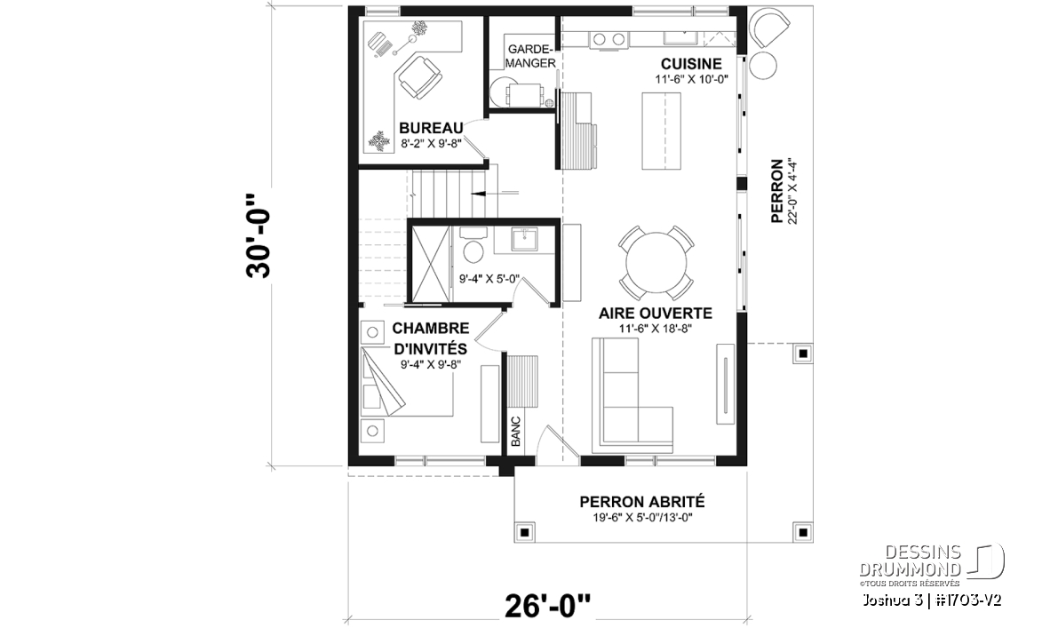 Rez-de-chaussée - Plan de petite maison moderne 2 chambres + bureau, cuisine compacte avec îlot et garde-manger, grande terrasse - Joshua 3