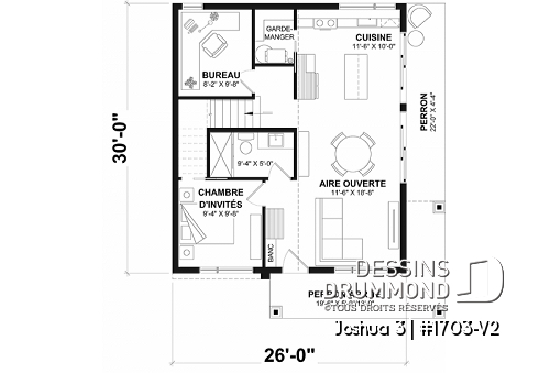 Rez-de-chaussée - Plan de petite maison moderne 2 chambres + bureau, cuisine compacte avec îlot et garde-manger, grande terrace - Joshua 3