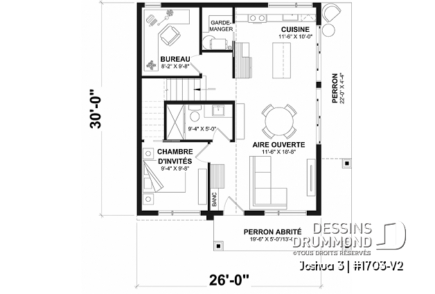 Rez-de-chaussée - Plan de petite maison moderne 2 chambres + bureau, cuisine compacte avec îlot et garde-manger, grande terrace - Joshua 3