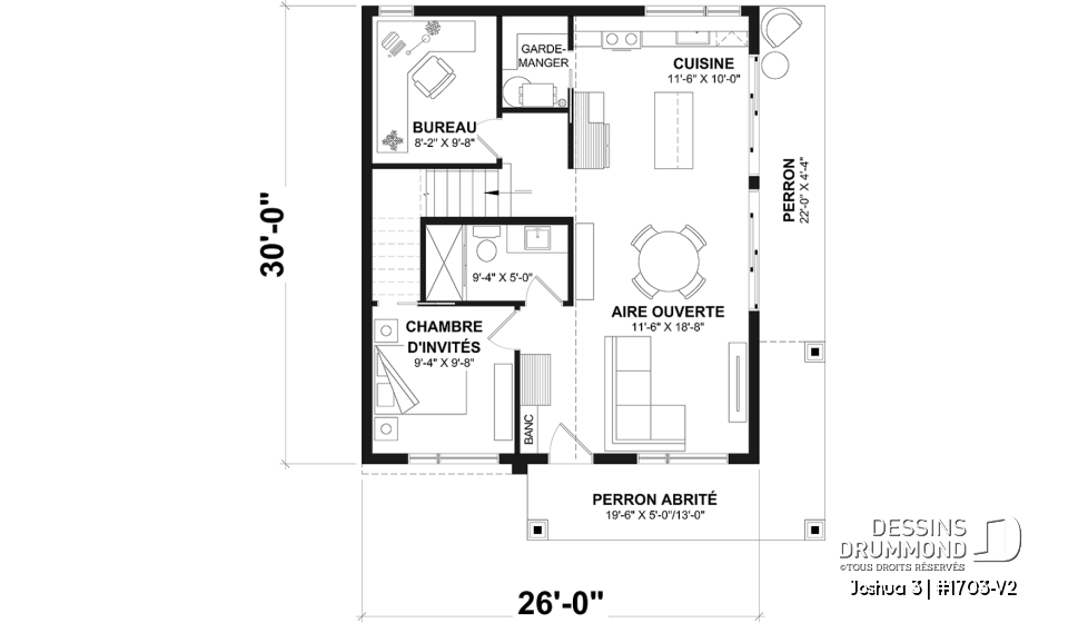 Rez-de-chaussée - Plan de petite maison moderne 2 chambres + bureau, cuisine compacte avec îlot et garde-manger, grande terrace - Joshua 3