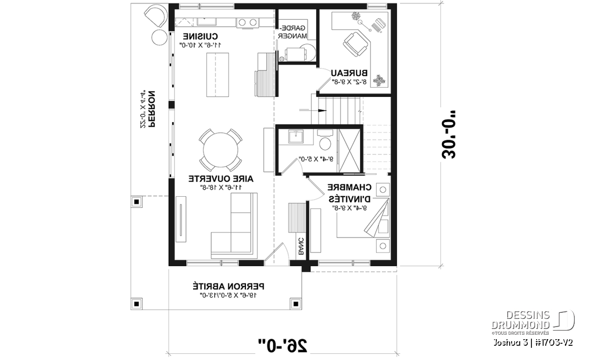 Rez-de-chaussée - Plan de petite maison moderne 2 chambres + bureau, cuisine compacte avec îlot et garde-manger, grande terrasse - Joshua 3