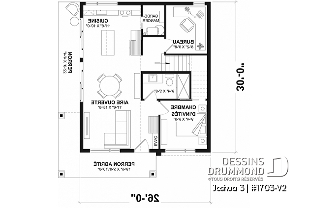 Rez-de-chaussée - Plan de petite maison moderne 2 chambres + bureau, cuisine compacte avec îlot et garde-manger, grande terrace - Joshua 3