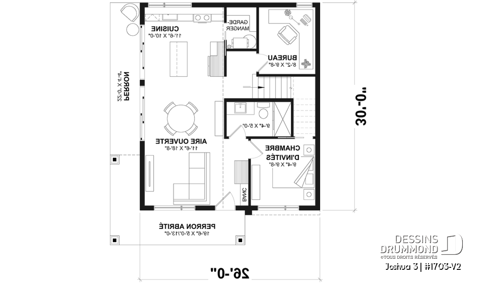 Rez-de-chaussée - Plan de petite maison moderne 2 chambres + bureau, cuisine compacte avec îlot et garde-manger, grande terrace - Joshua 3