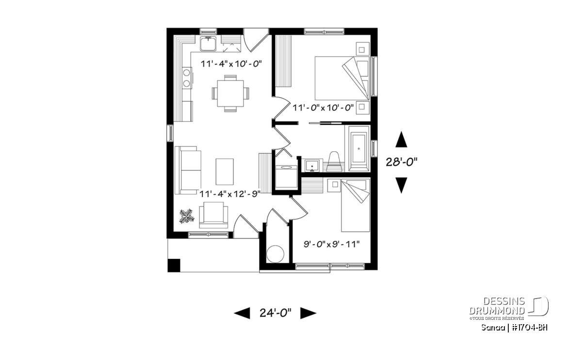 Rez-de-chaussée - Plan de maison économique de style contemporaine avec 2 chambres, plancher à aire ouverte et plafond à 9 pieds - Sanaa