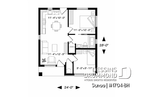 Rez-de-chaussée - Plan de maison économique de style contemporaine avec 2 chambres, plancher à aire ouverte et plafond à 9 pieds - Sanaa
