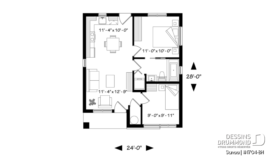 Rez-de-chaussée - Plan de maison économique de style contemporaine avec 2 chambres, plancher à aire ouverte et plafond à 9 pieds - Sanaa