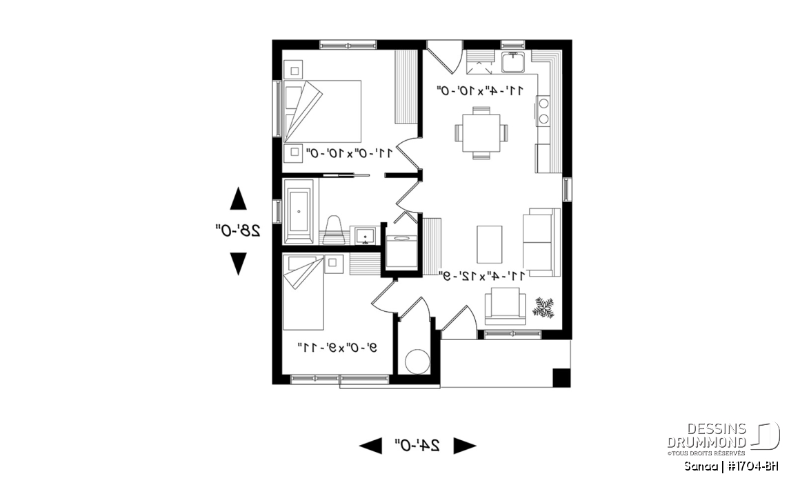 Rez-de-chaussée - Plan de maison économique de style contemporaine avec 2 chambres, plancher à aire ouverte et plafond à 9 pieds - Sanaa