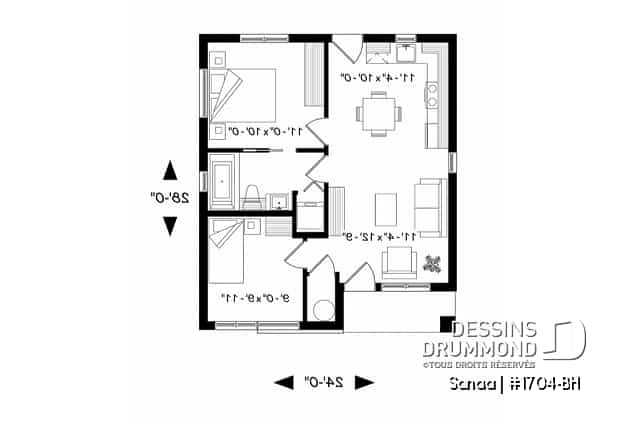 Rez-de-chaussée - Plan de maison économique de style contemporaine avec 2 chambres, plancher à aire ouverte et plafond à 9 pieds - Sanaa