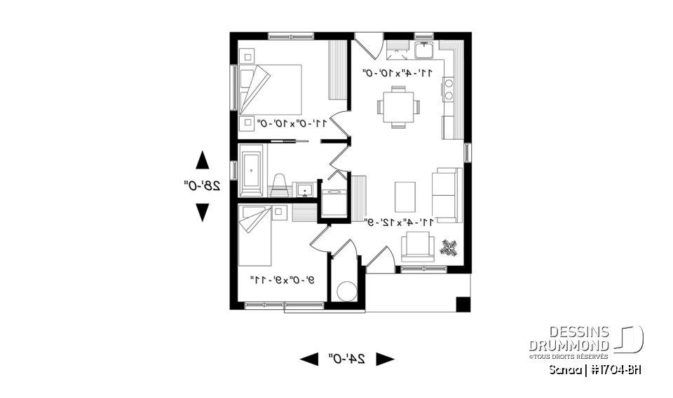 Rez-de-chaussée - Plan de maison économique de style contemporaine avec 2 chambres, plancher à aire ouverte et plafond à 9 pieds - Sanaa