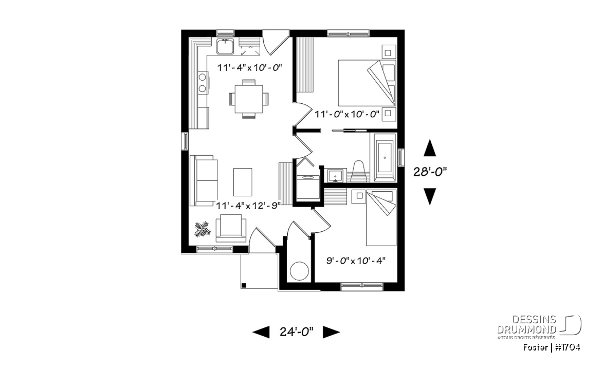Rez-de-chaussée - Plan de mini-maison moderne, 2 chambres, construction abordable, buanderie, aire ouverte - Foster