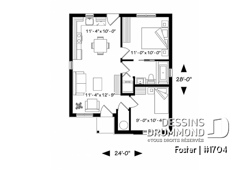 Rez-de-chaussée - Plan de mini-maison moderne, 2 chambres, construction abordable, buanderie, aire ouverte - Foster