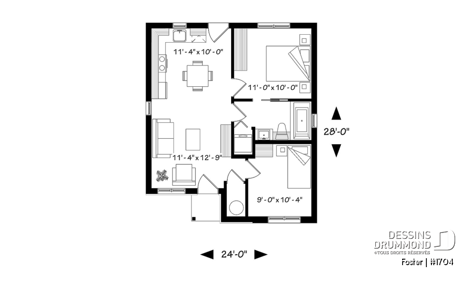 Rez-de-chaussée - Plan de mini-maison moderne, 2 chambres, construction abordable, buanderie, aire ouverte - Foster