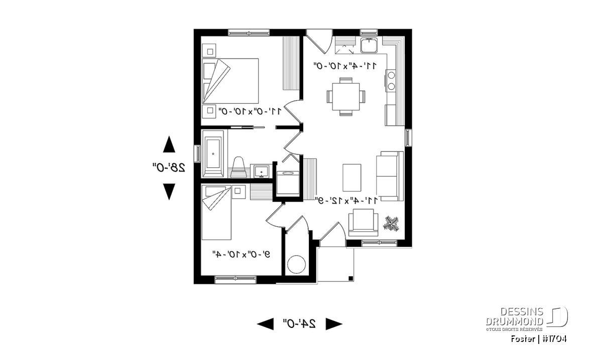 Rez-de-chaussée - Plan de mini-maison moderne, 2 chambres, construction abordable, buanderie, aire ouverte - Foster