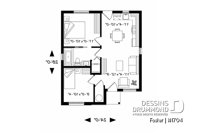Rez-de-chaussée - Plan de mini-maison moderne, 2 chambres, construction abordable, buanderie, aire ouverte - Foster