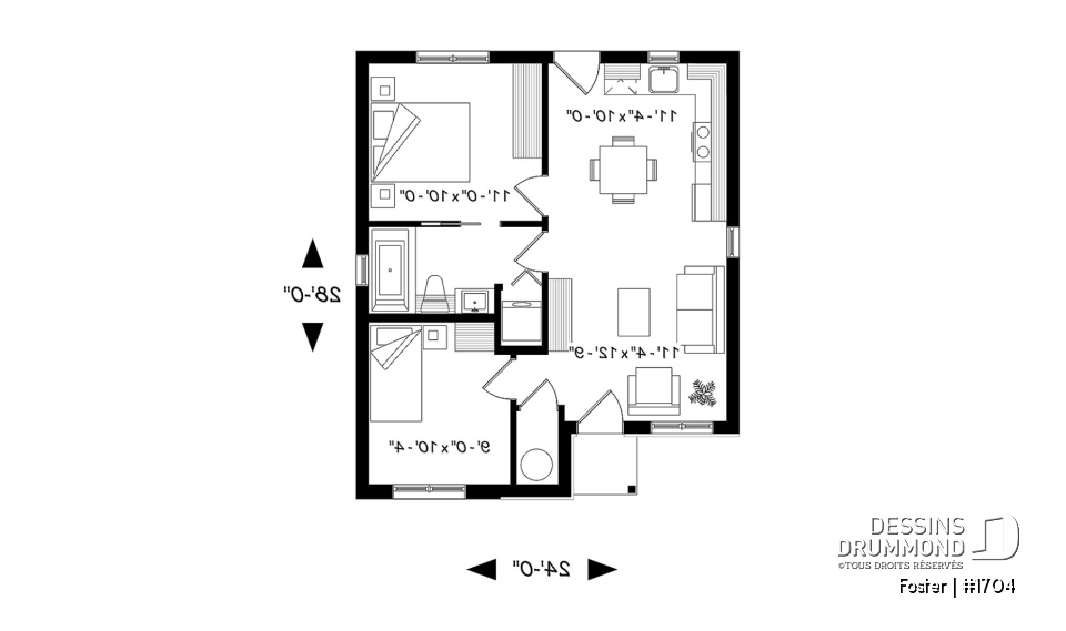 Rez-de-chaussée - Plan de mini-maison moderne, 2 chambres, construction abordable, buanderie, aire ouverte - Foster