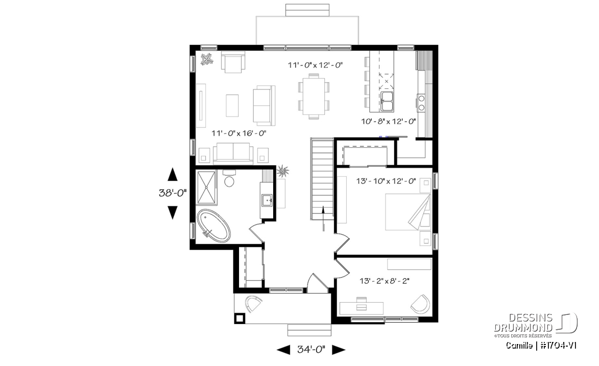 Rez-de-chaussée - Maison de style mid-century moderne, plafond à 9', à aire ouverte, cuisine avec garde-manger, 2 chambres - Camille