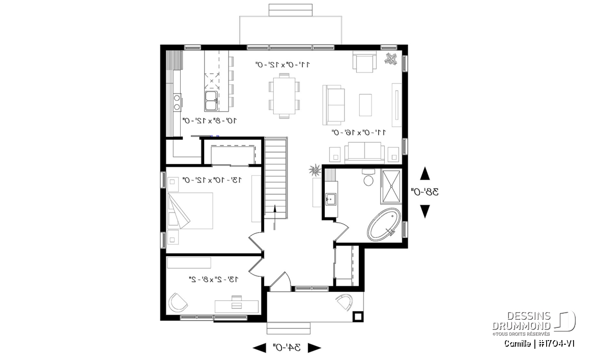 Rez-de-chaussée - Maison de style mid-century moderne, plafond à 9', à aire ouverte, cuisine avec garde-manger, 2 chambres - Camille